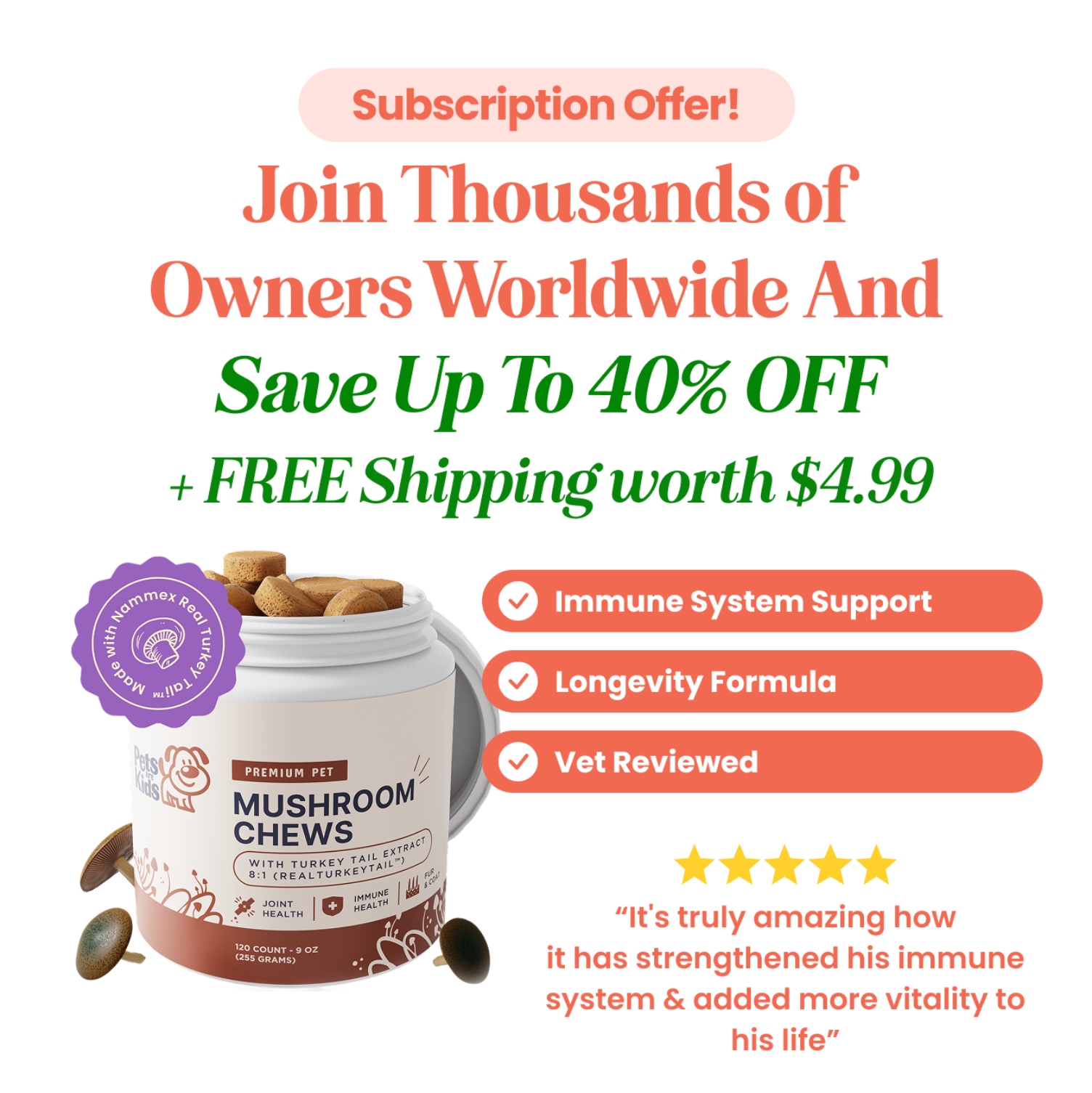 Promotional image for mushroom chews with discount offer and benefits listed.