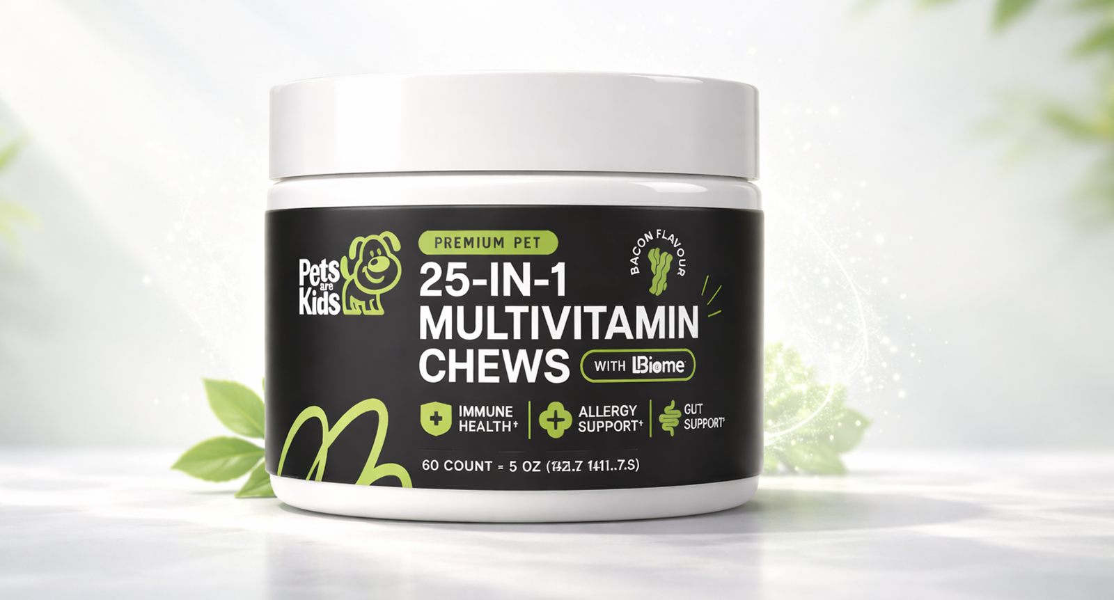 A white and black container of Pets are Kids 25-in-1 Multivitamin Chews for pets.