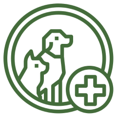 A green line icon of a dog and cat in a circle with a smaller plus sign circle.
