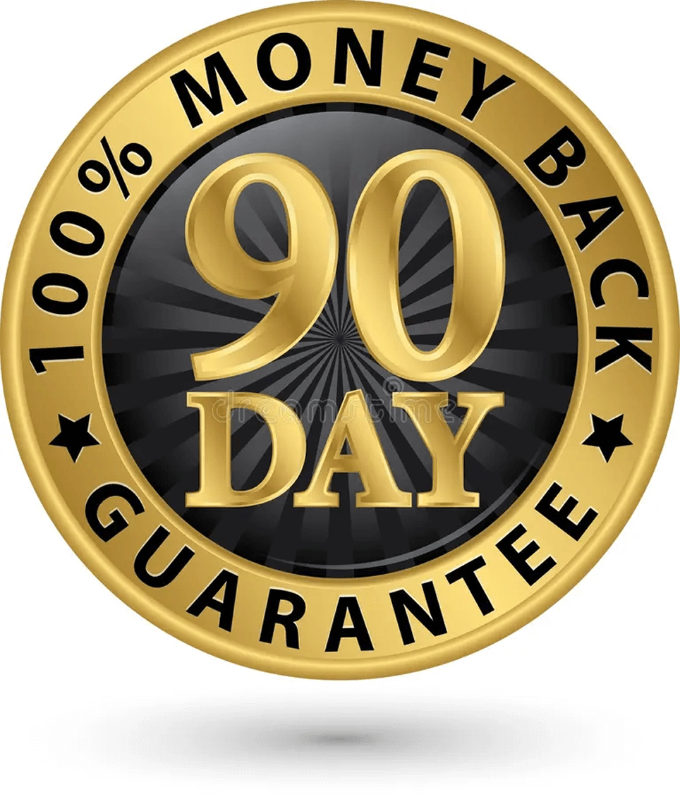 Gold and black badge with '90 Day Money Back Guarantee' text.