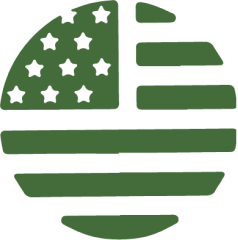 A circular, olive green icon of a stylized American flag.