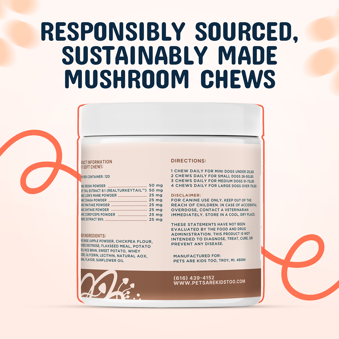 Jar of mushroom chews with product information and directions on the label.
