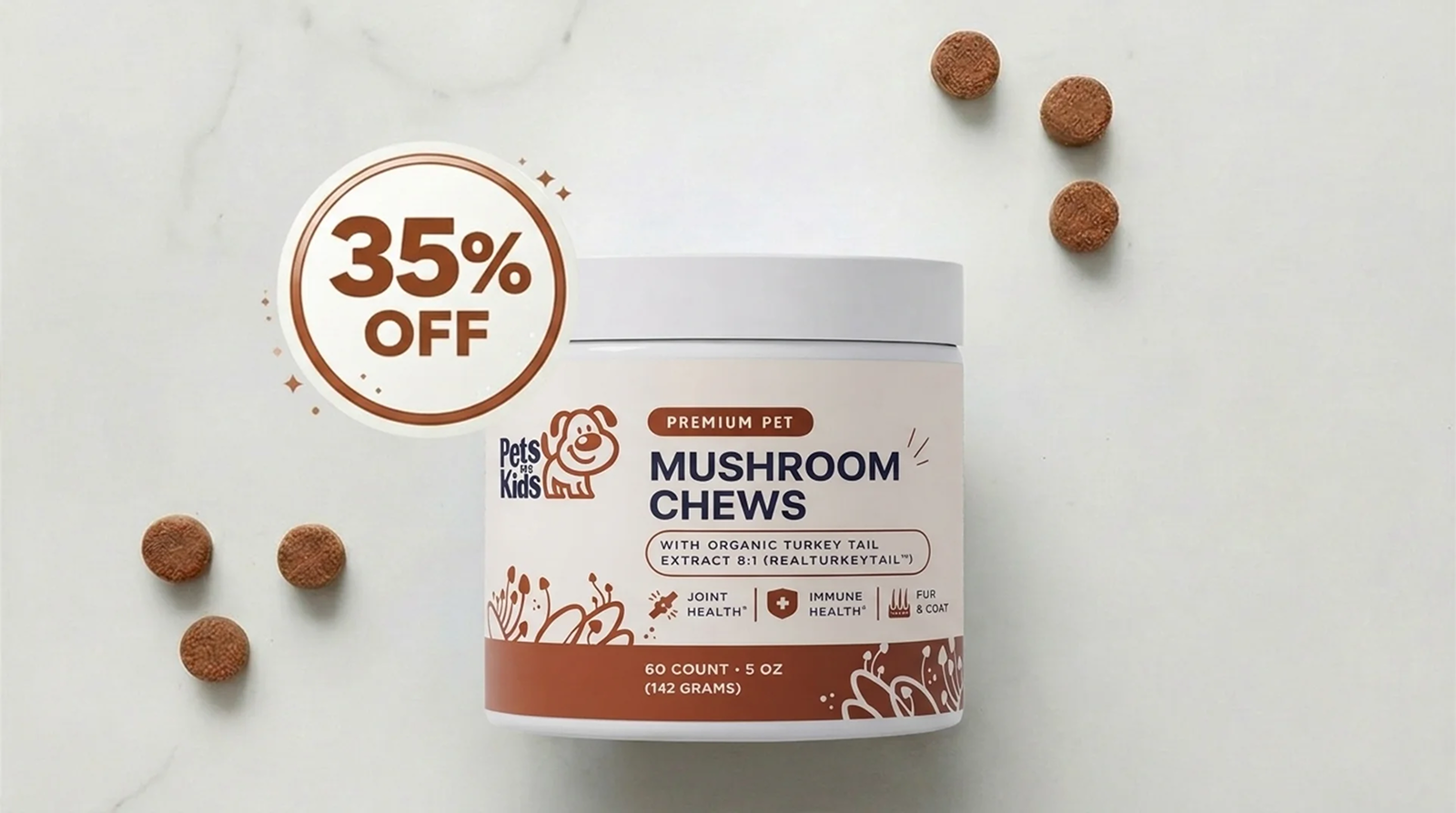 A jar of Pets for Kids Mushroom Chews with a 35% off graphic and several chews scattered nearby.