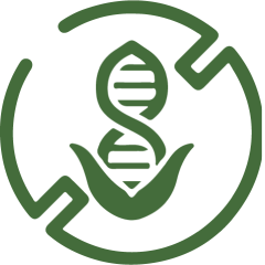 A green icon showing a DNA double helix emerging from leaves within a stylized circular border.