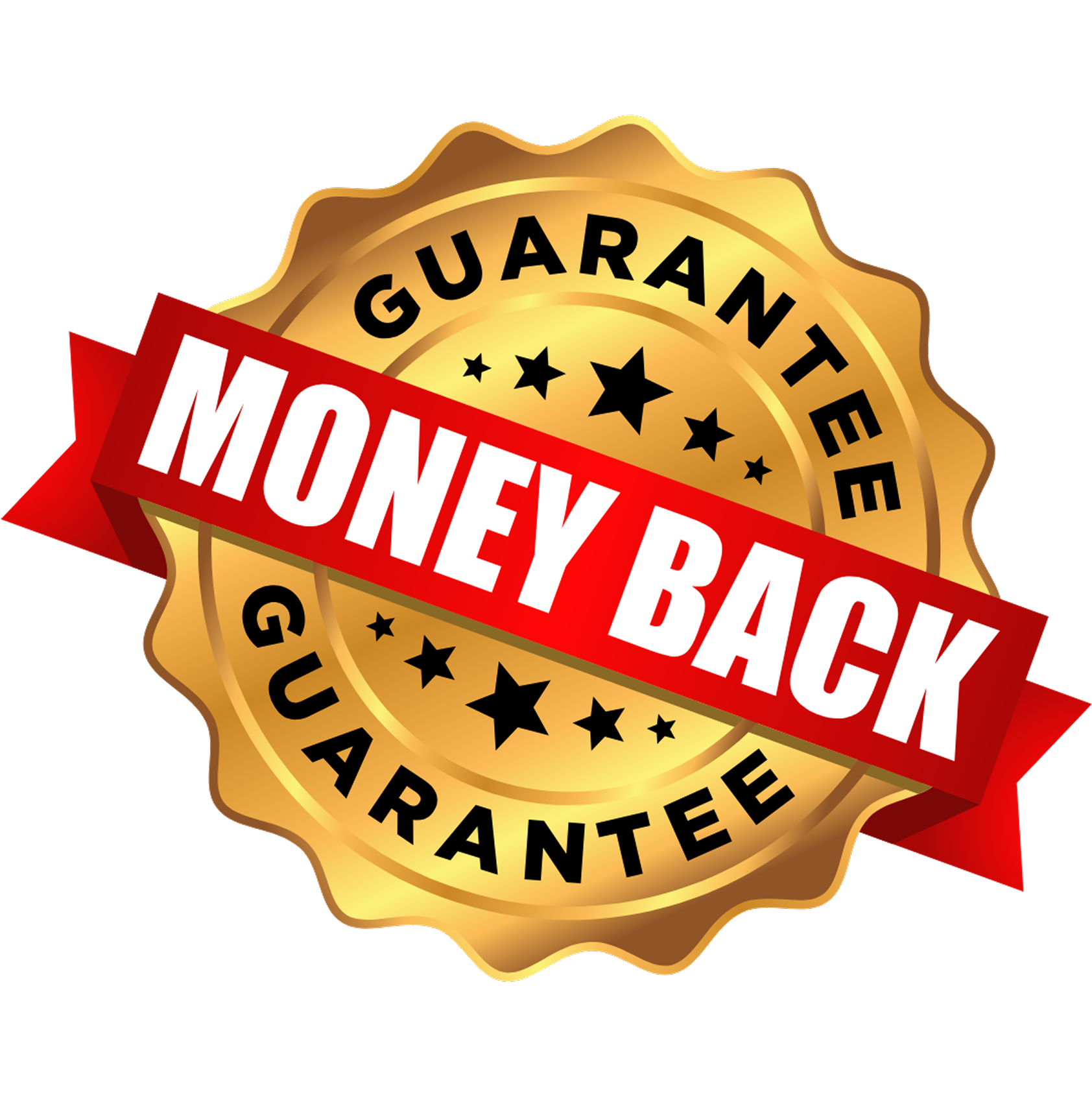 Gold seal with 'Money Back Guarantee' text and red ribbon.
