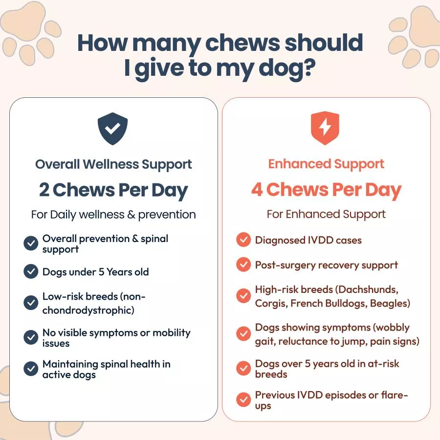 An infographic showing how many chews to give a dog for overall wellness versus enhanced support.