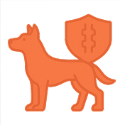 Orange dog icon with a shield displaying brackets.