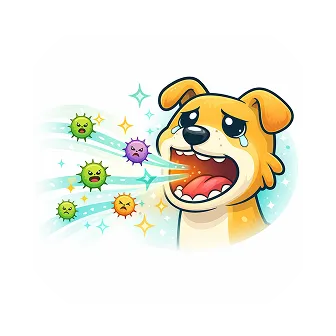 A cartoon illustration of a sad, crying dog coughing out colorful, angry-looking germs.