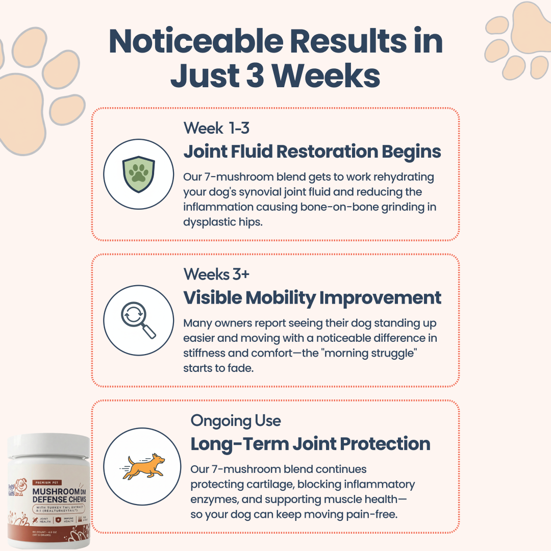 An infographic showing a timeline of the benefits of Mushroom DM Defense Chews for a dog's joint health.