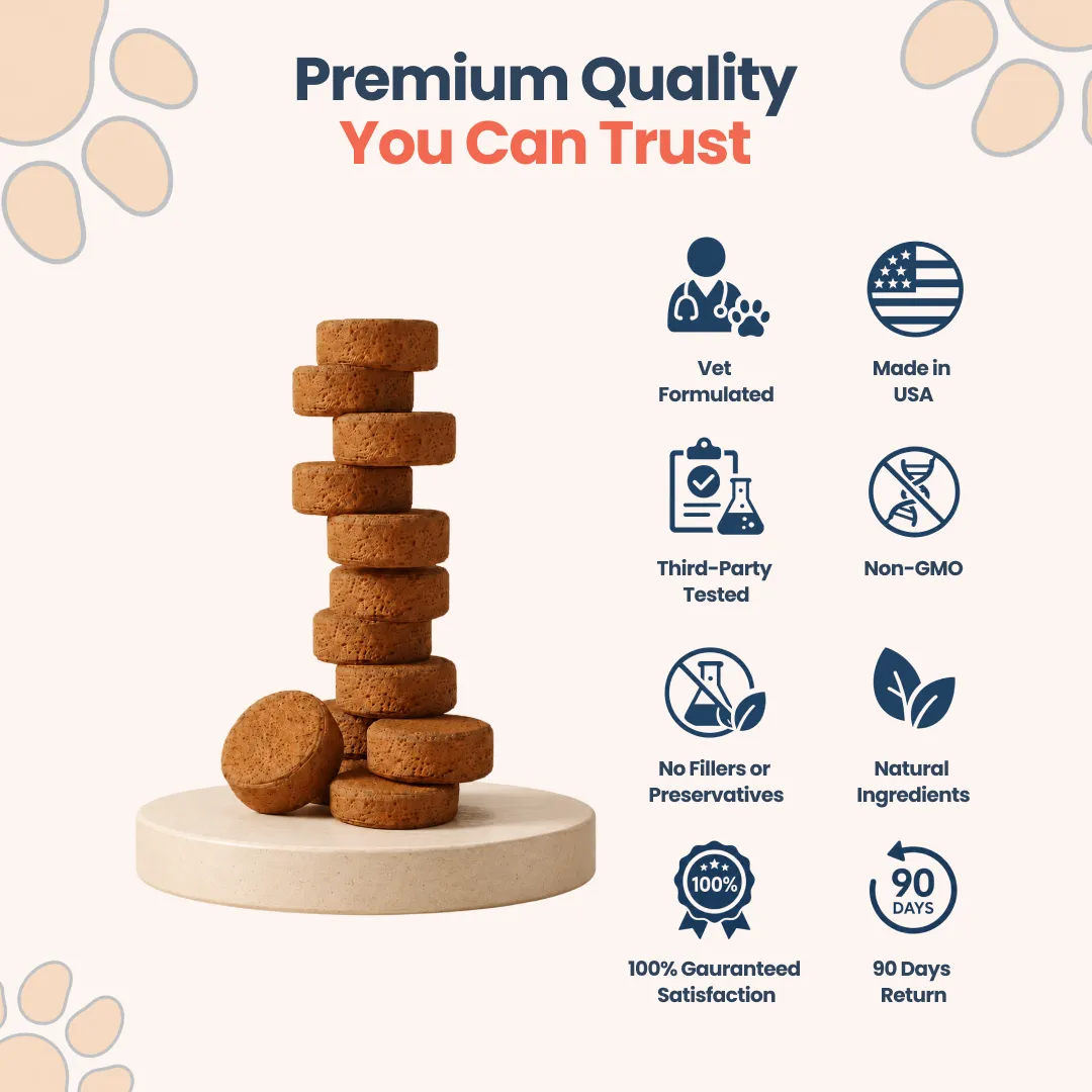 A stack of pet treats next to icons highlighting product benefits like 'Vet Formulated' and 'Made in USA'.