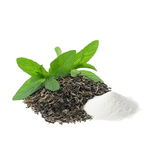 A pile of loose leaf tea with a sprig of fresh mint and a mound of white powder.