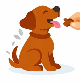 A cartoon of a happy brown dog with its tail wagging, being offered a treat by a hand.