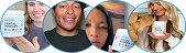 A collage of four circular images of people, and one dog, holding a dental powder product.