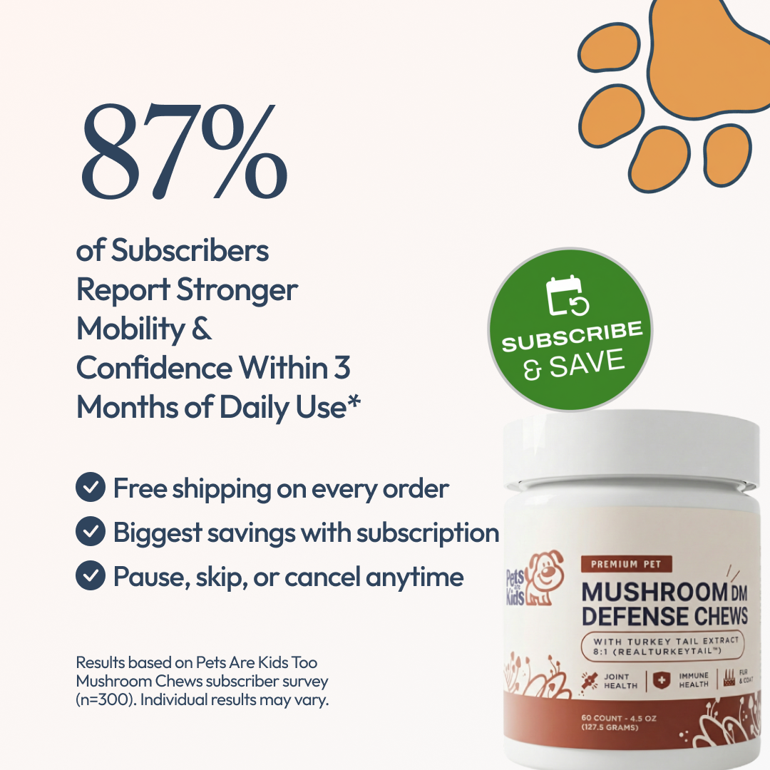 Advertisement for pet mushroom chews, showing the product bottle next to a statistic and subscription benefits.