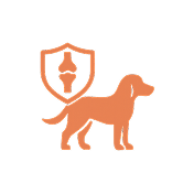 Silhouette of a dog with a shield featuring a bone joint symbol.