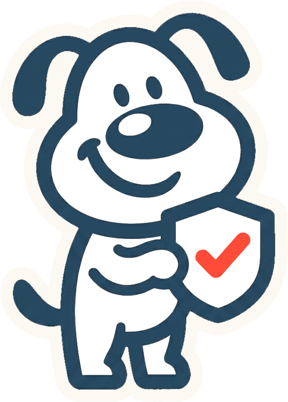 A cartoon dog peeking over an orange scalloped circle with the number 90 inside.