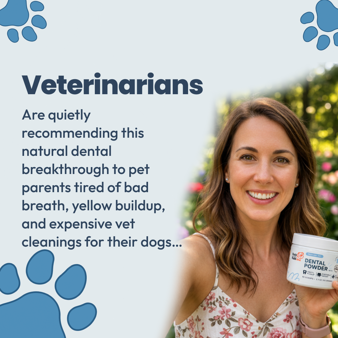 A smiling woman holds a container of pet dental powder next to promotional text and paw print graphics.