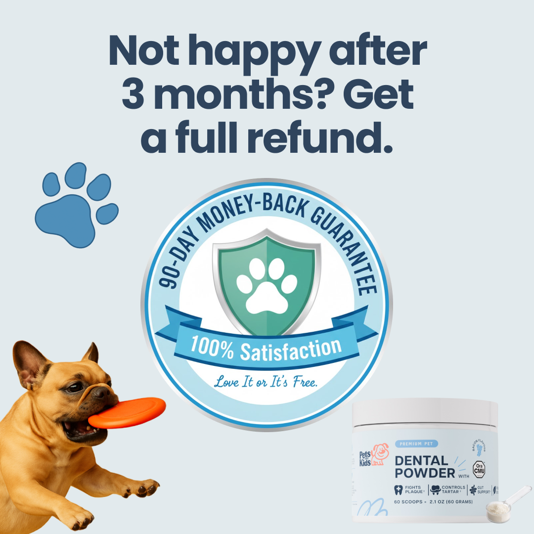 An ad for pet dental powder showing a dog catching a frisbee and a money-back guarantee seal.