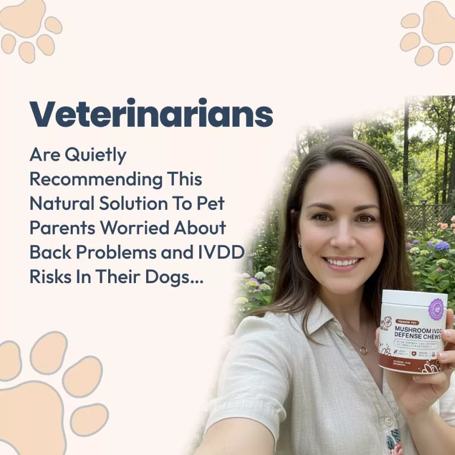 A smiling woman holds a container of Mushroom IVDD Defense Chews in a promotional image.