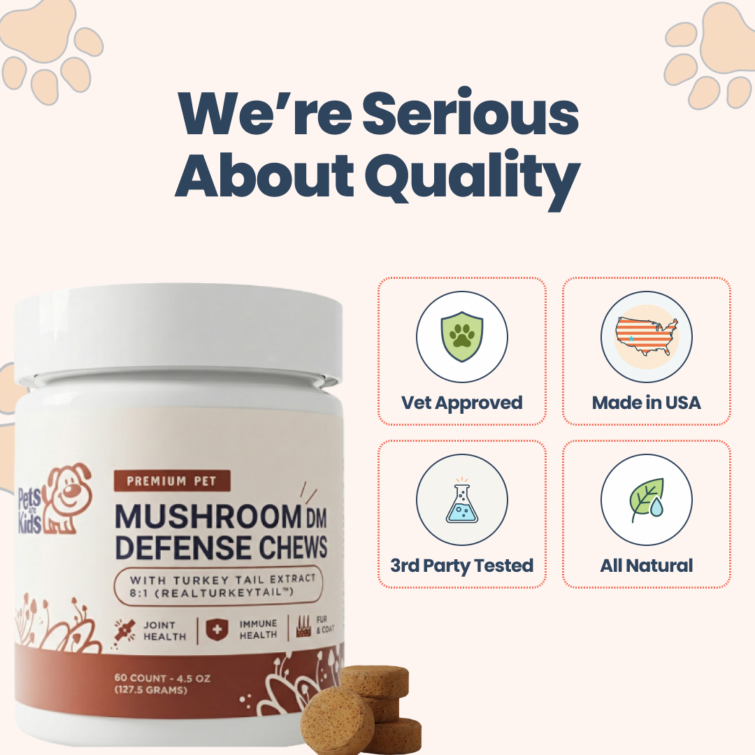 An advertisement for Mushroom DM Defense Chews for pets, showing the bottle and quality claims like 'Vet Approved'.