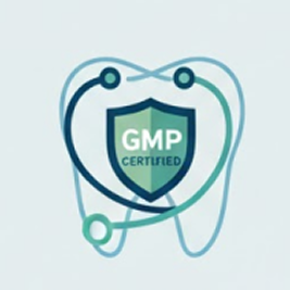 Tooth outline with a shield labeled 'GMP Certified' and a stethoscope around it.