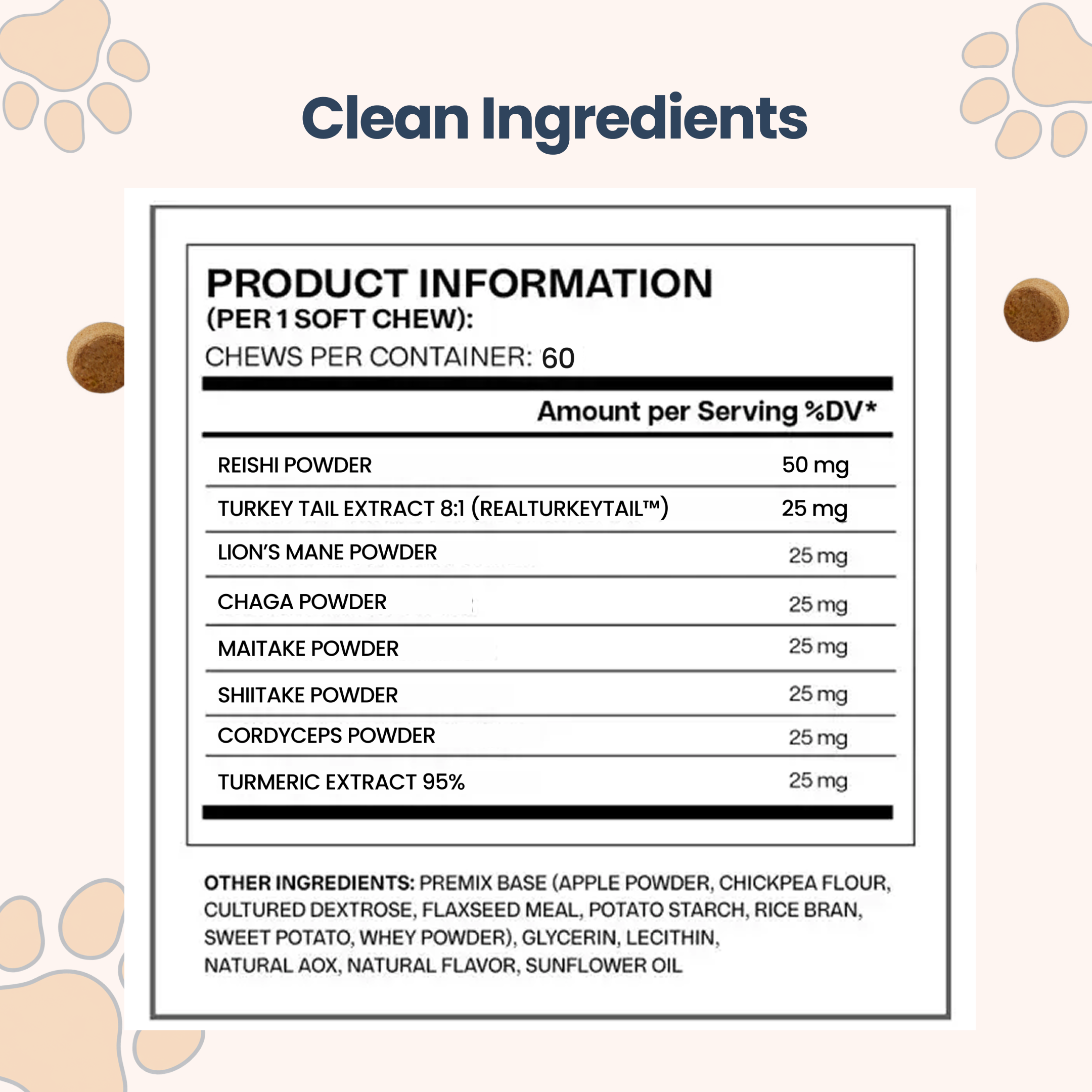 A product information label for soft chews, detailing the ingredients under the heading 'Clean Ingredients'.