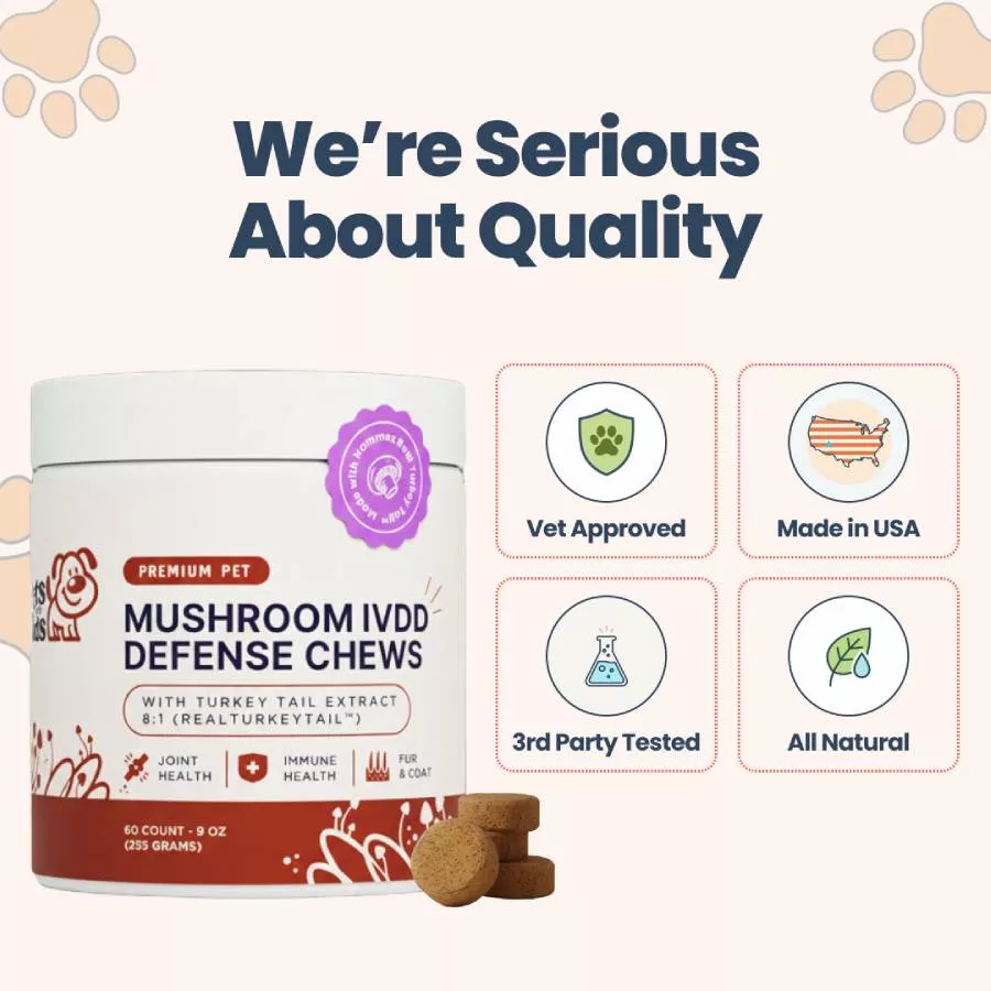 An advertisement for Mushroom IVDD Defense Chews, showing the product container and icons highlighting its quality and natural ingredients.