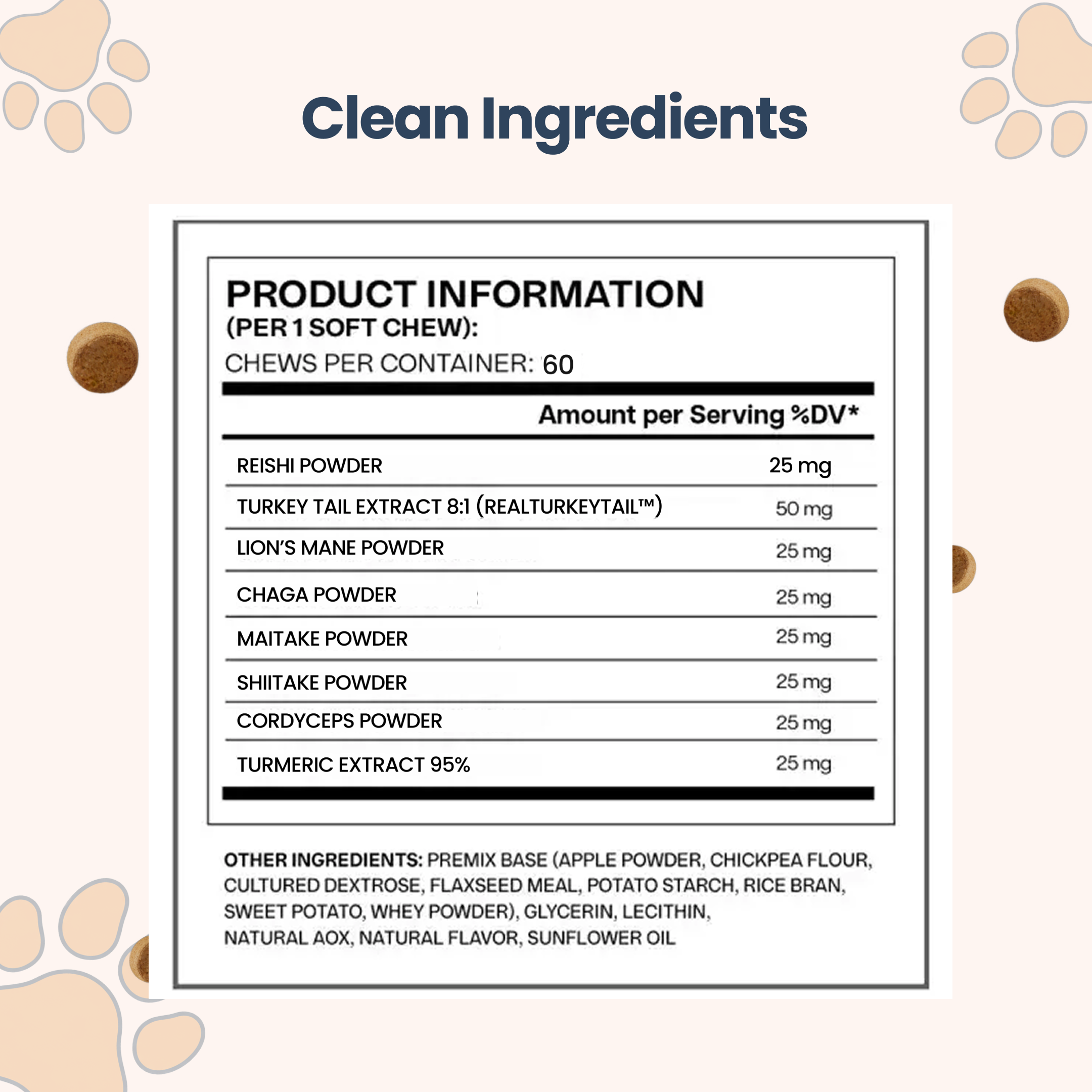 The product information and ingredients list for a soft chew supplement, surrounded by paw prints and chews.