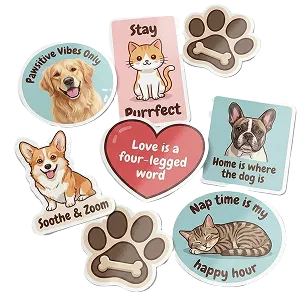 An assortment of illustrated stickers featuring cats, dogs, paw prints, and cute pet-related phrases.