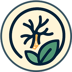 Stylized tree and leaf design inside a circular border.
