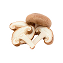 A small pile of fresh shiitake mushrooms, whole and sliced in half, on a white background.