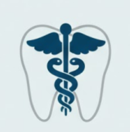 Caduceus symbol inside an outline of a tooth.
