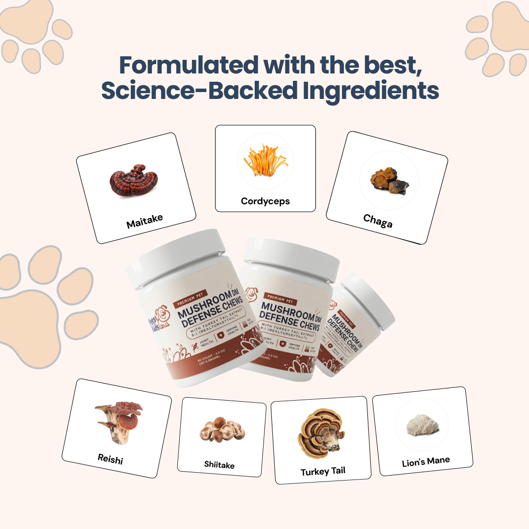 An ad for pet mushroom chews, showing jars of the product surrounded by its seven mushroom ingredients.