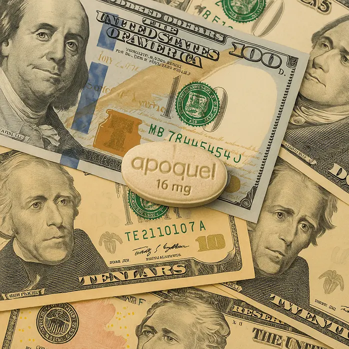 Apoquel pill on top of various US dollar bills.