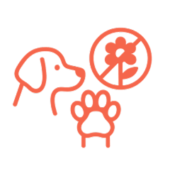 Outline of a dog, paw print, and crossed-out flower symbol.