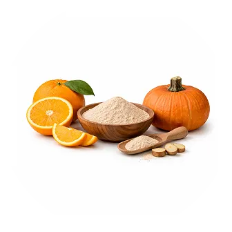 A small pumpkin, sliced oranges, and a wooden bowl and scoop of powder against a white background.
