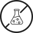 Black and white icon of a crossed-out beaker with bubbles.