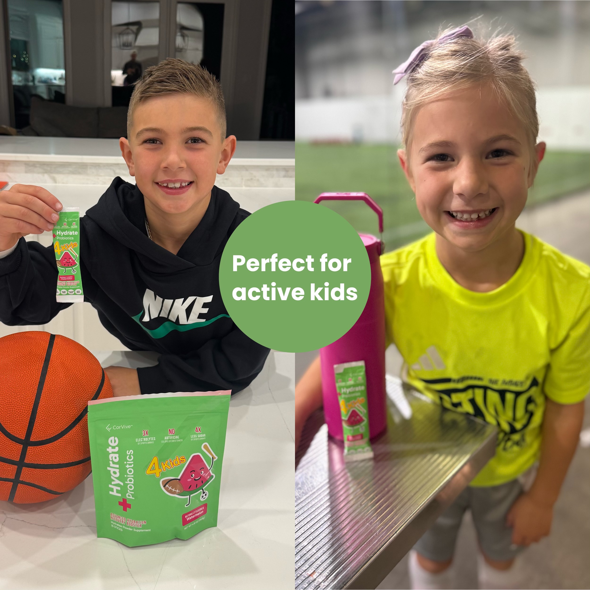 A split image of a boy and a girl holding packets of a kids' hydration and probiotic supplement.