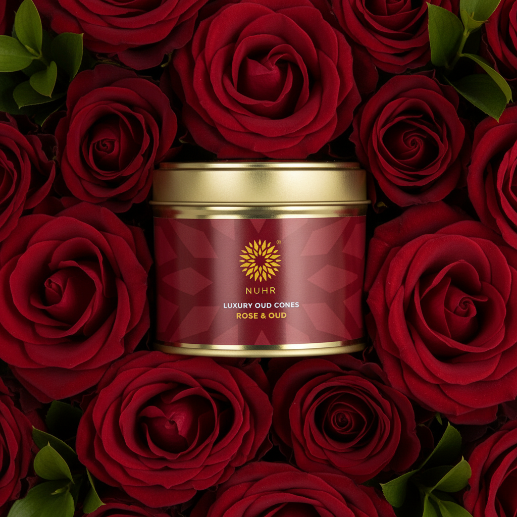 Gold tin labeled 'NUHR' amid red roses.
