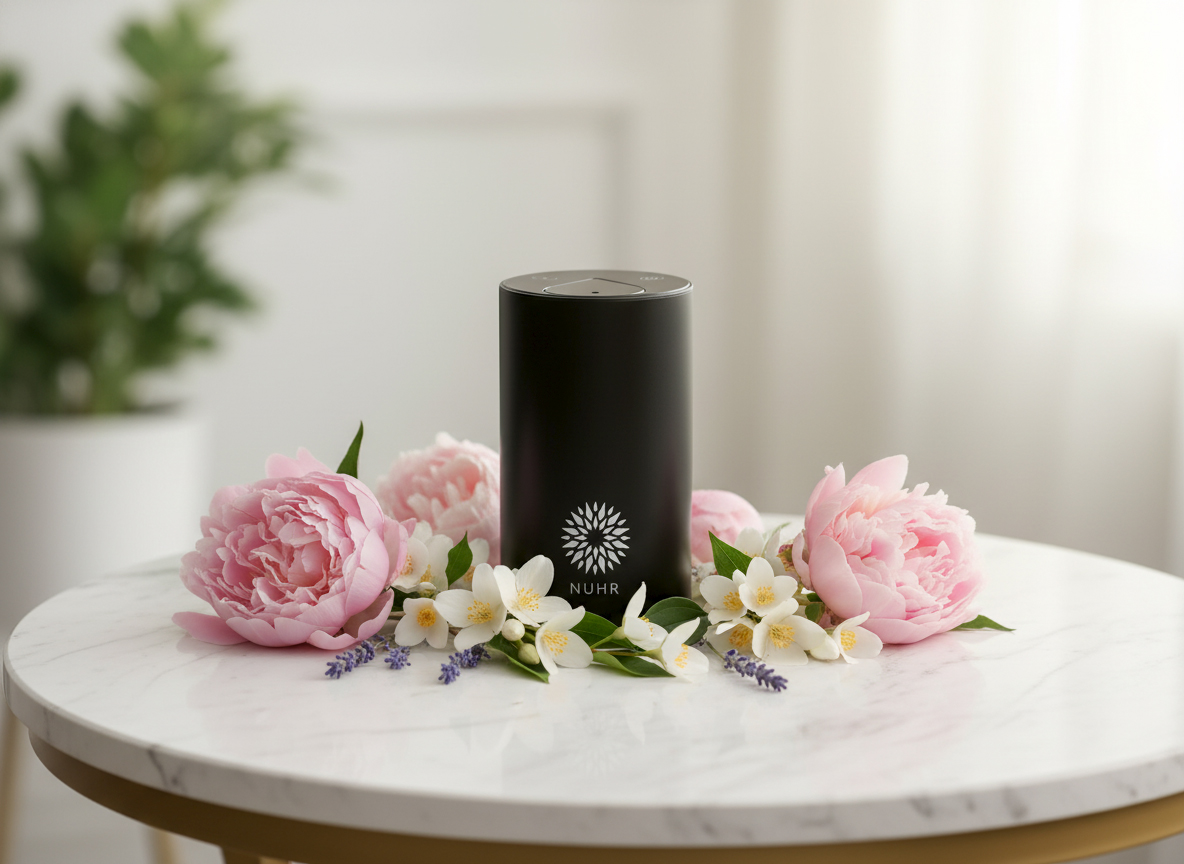 Black cylindrical diffuser on table with pink and white flowers.