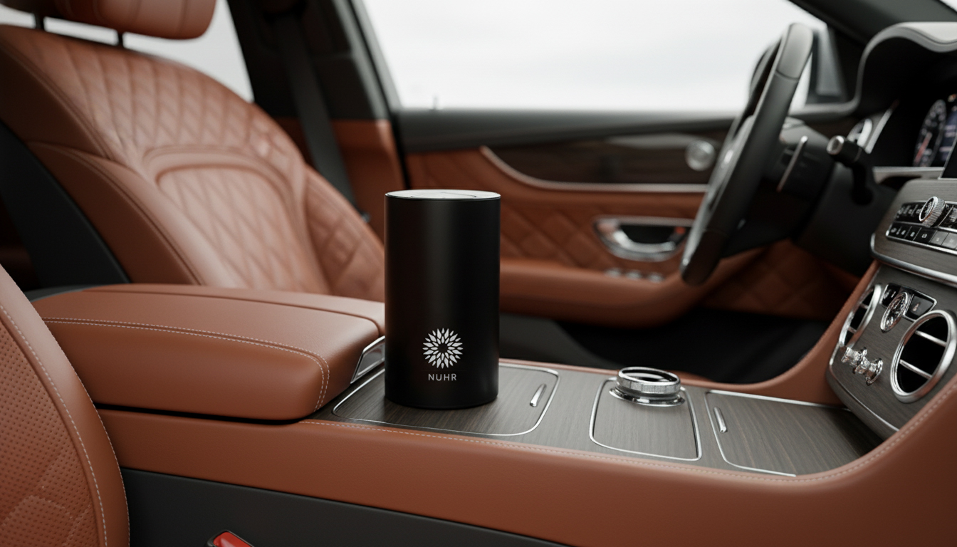 Luxury car interior with brown leather seats and central console with a black cylindrical object.