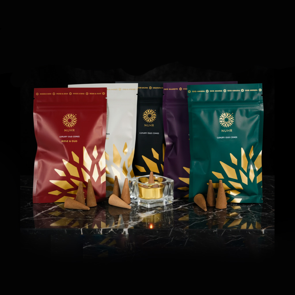 Assorted colorful packaging with incense cones on a black marble surface.