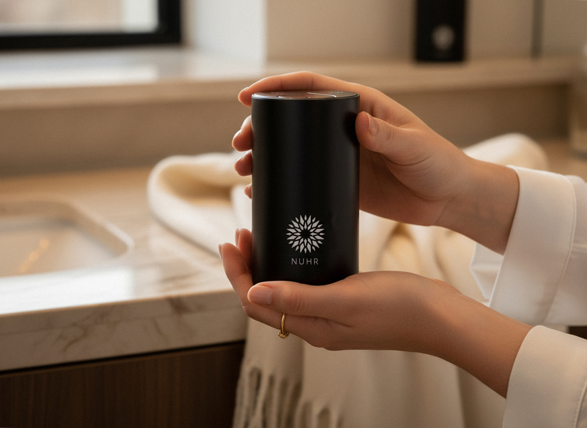 Hands holding a black cylindrical container with a logo.