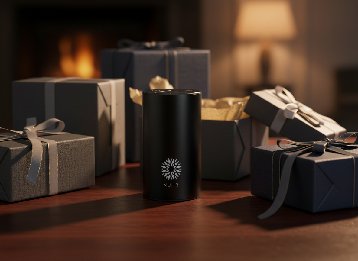 Black cylindrical object surrounded by gift boxes with ribbons.