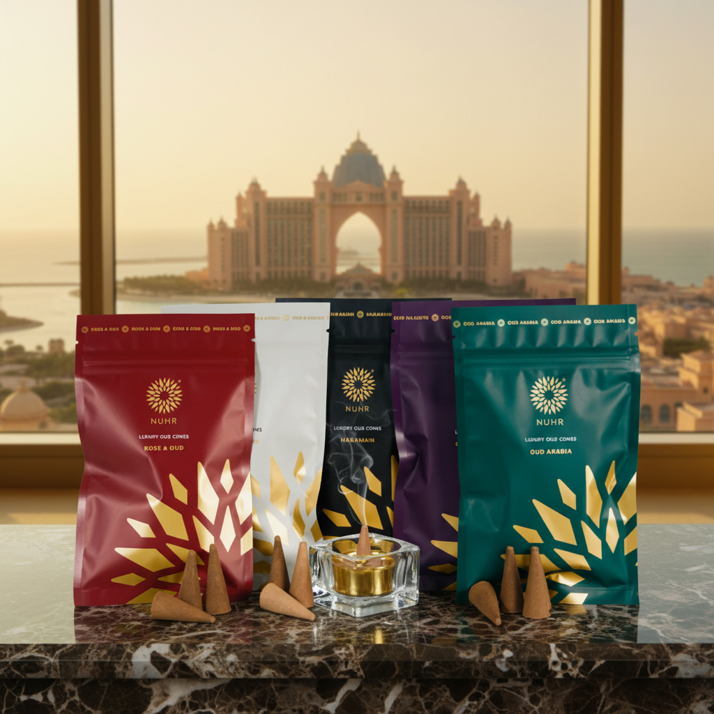 Five colorful incense cone bags on a marble countertop, cityscape in the background.