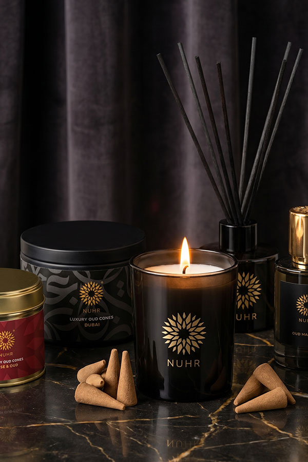 A collection of luxury NUHR home fragrance products, including a lit candle, reed diffuser, and incense cones.