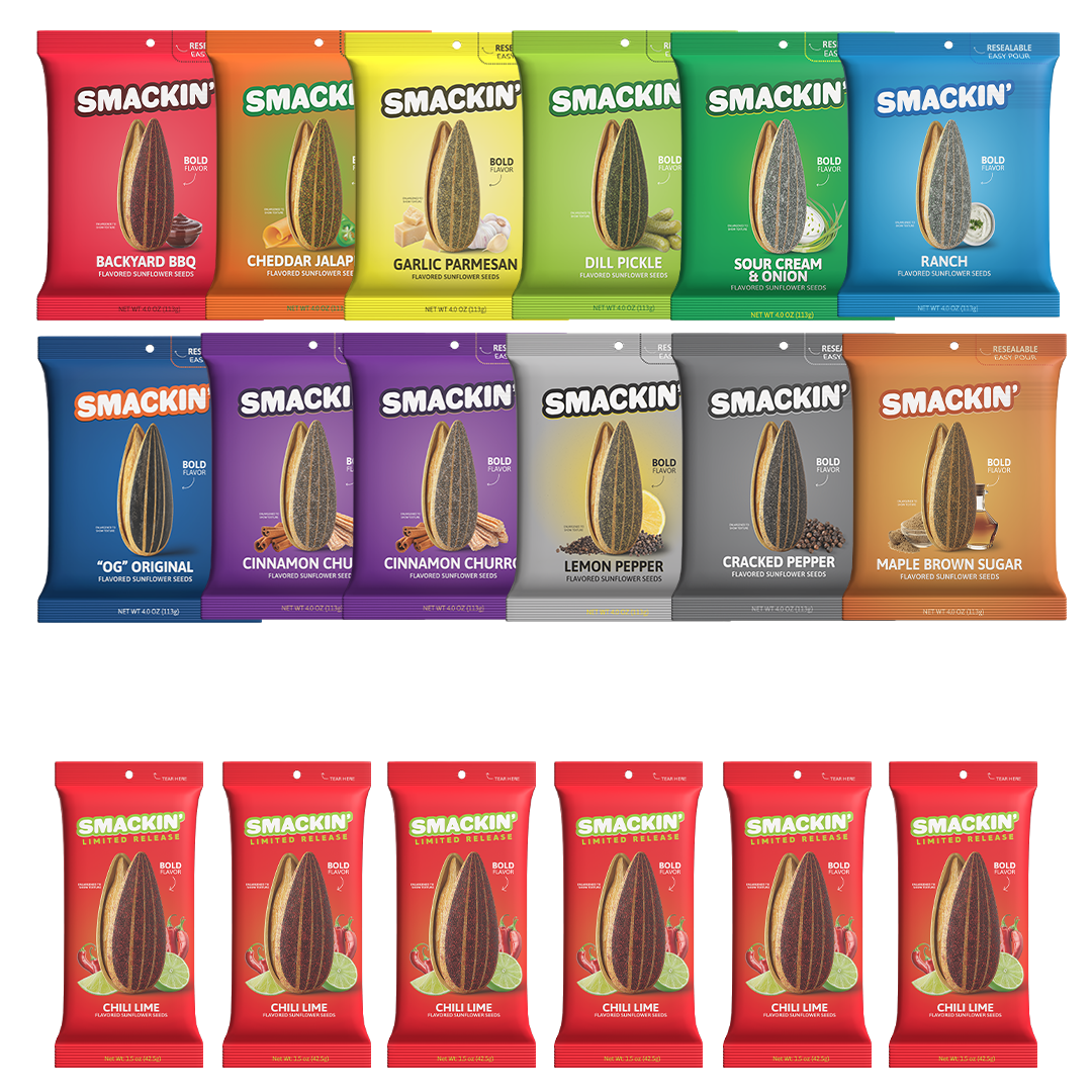 Various Smackin' sunflower seed flavors in colorful packaging.