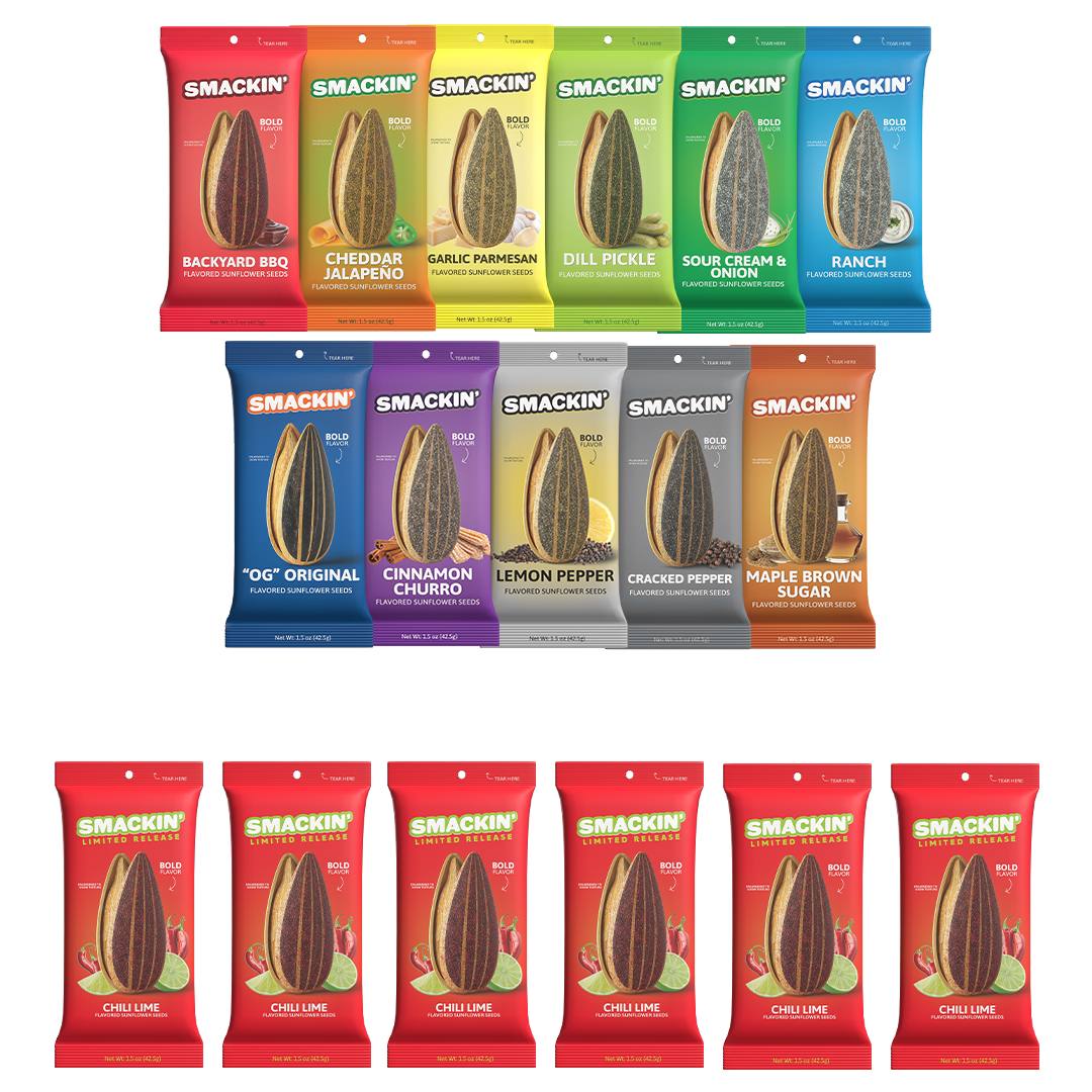 Image of various flavored sunflower seed packets in vibrant packaging.