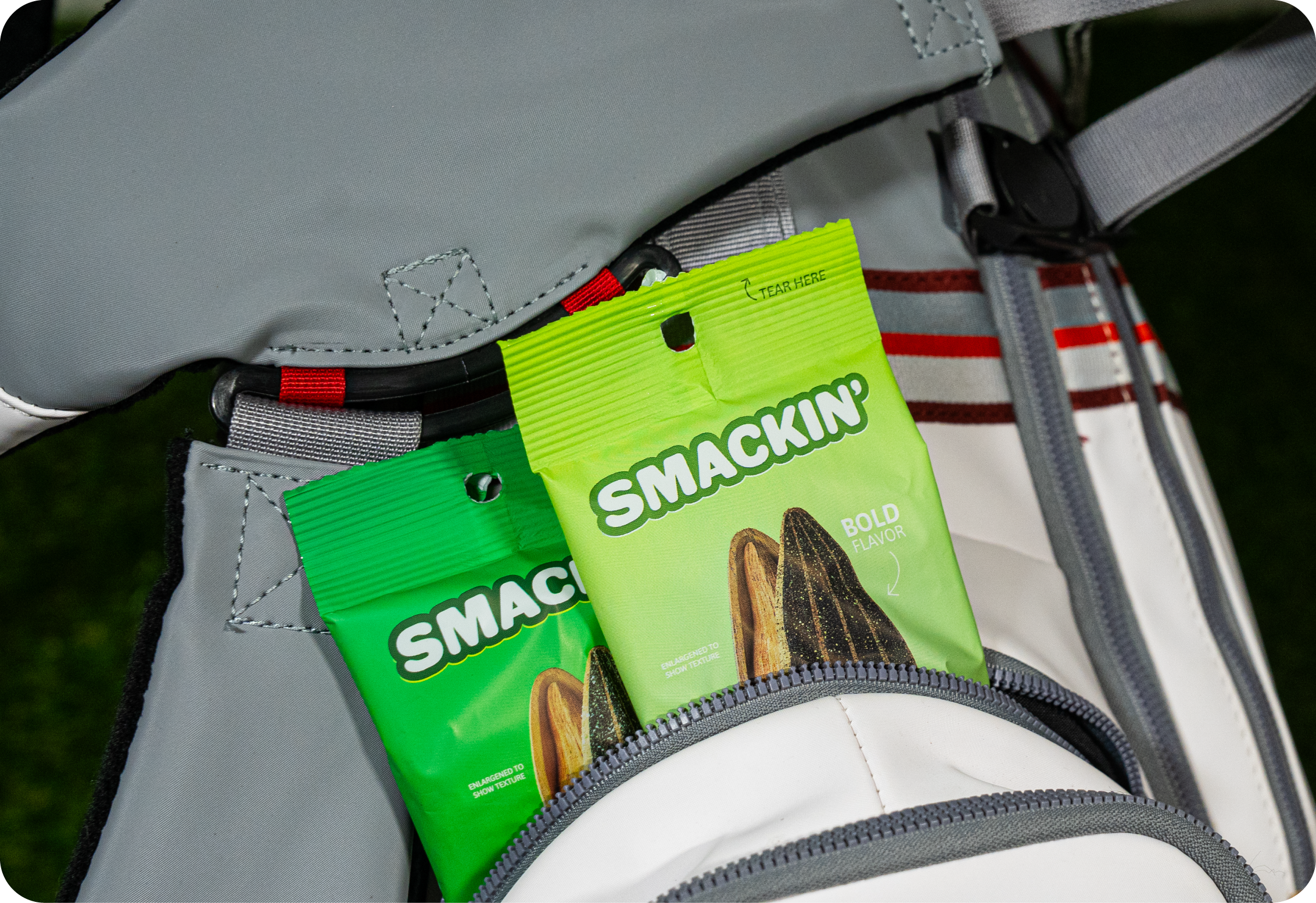 Two green snack packets in a zippered pocket of a gray and white bag.