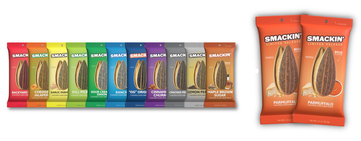 Colorful sunflower seed packets with various flavors, including cheddar jalapeno and maple brown sugar.